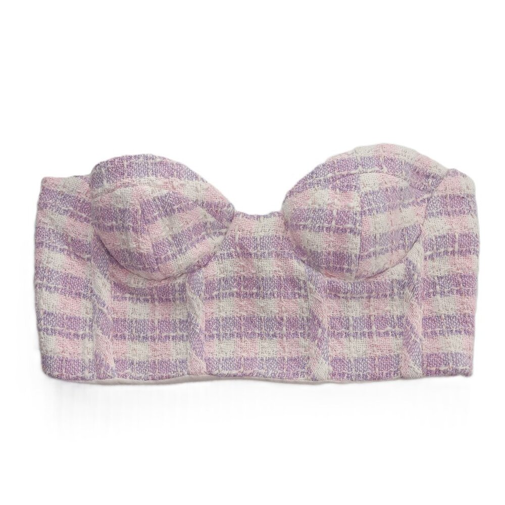 ZARA Women's Bustier Crop Top Size Small Pink Purple Tweed Sweetheart Neckline